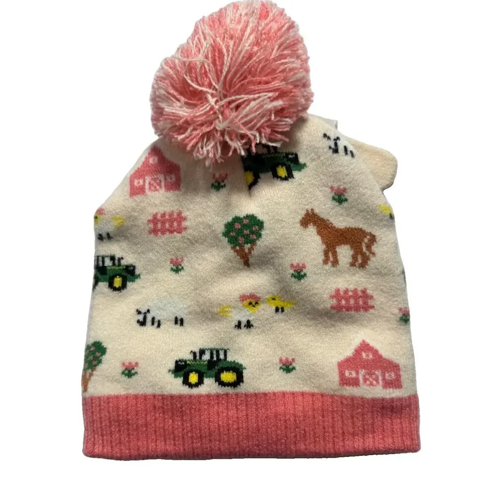 John Deere Girls Pink Tractor Farm Beanie Hat & Mittens Set Pom OS NWT Winter